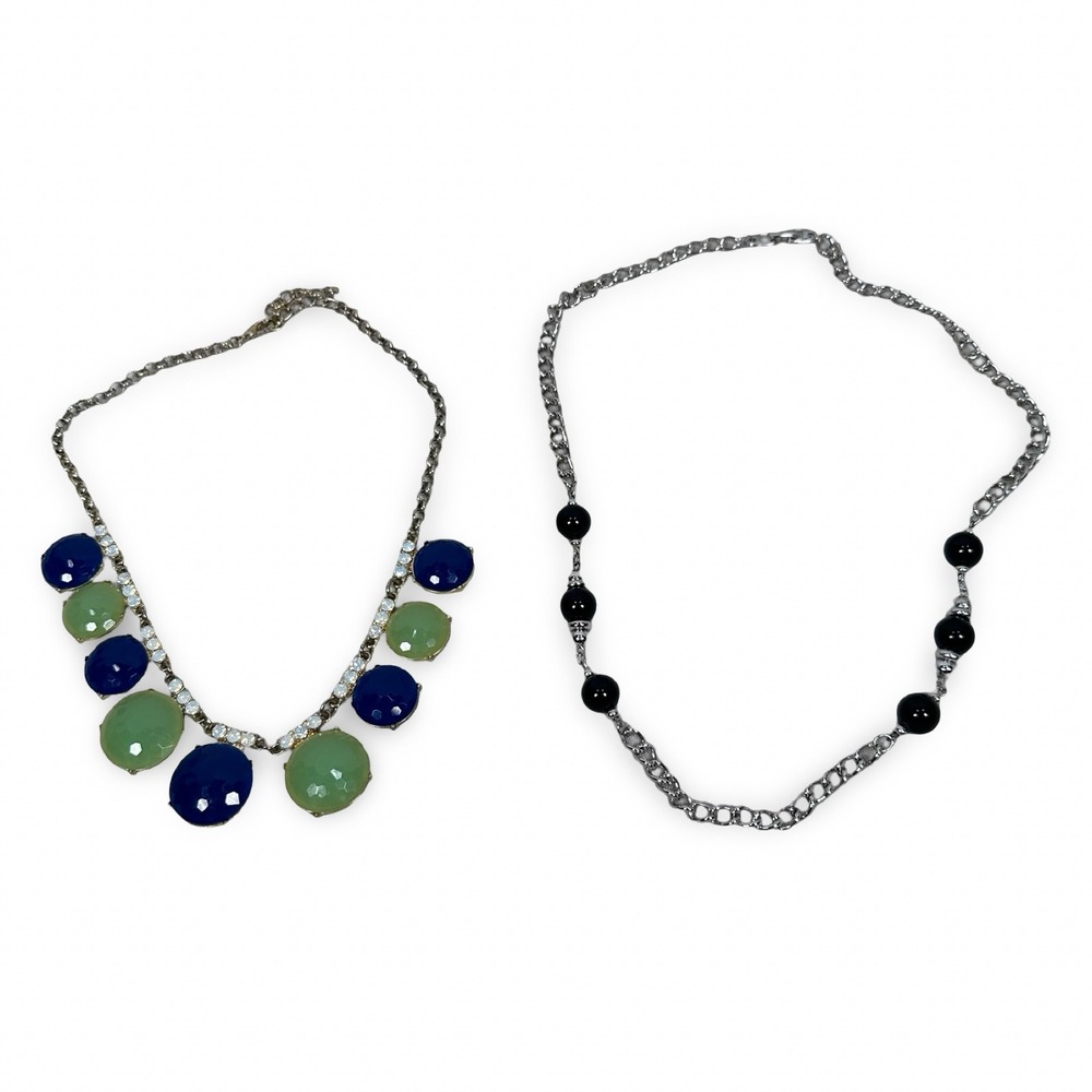 Napier Vintage Silver‎ Tone Black Bead Necklace & Blue Green Statement Necklace